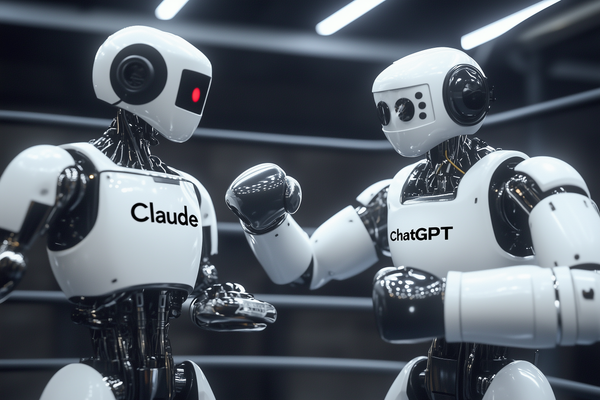 Two robots face off as boxers. One has the name %22Claude%22 and the other is labeled %22ChatGPT%22