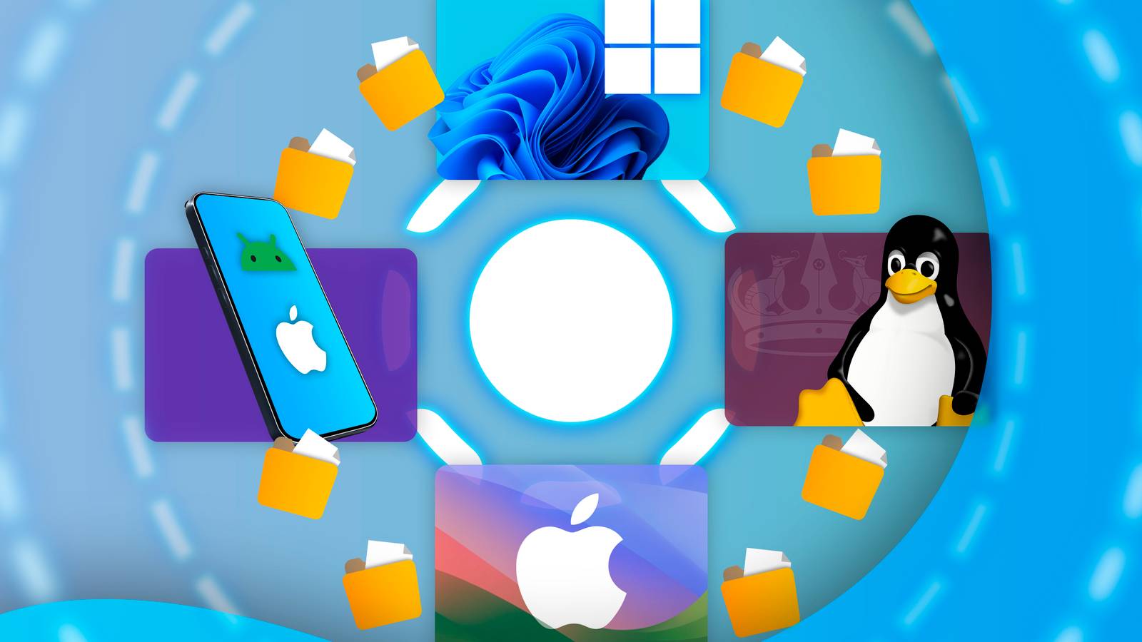 Windows, Linux, Mac logos, and a mobile device with Apple and Android logos, with the LocalSend logo in the center of the screen and files being transferred.