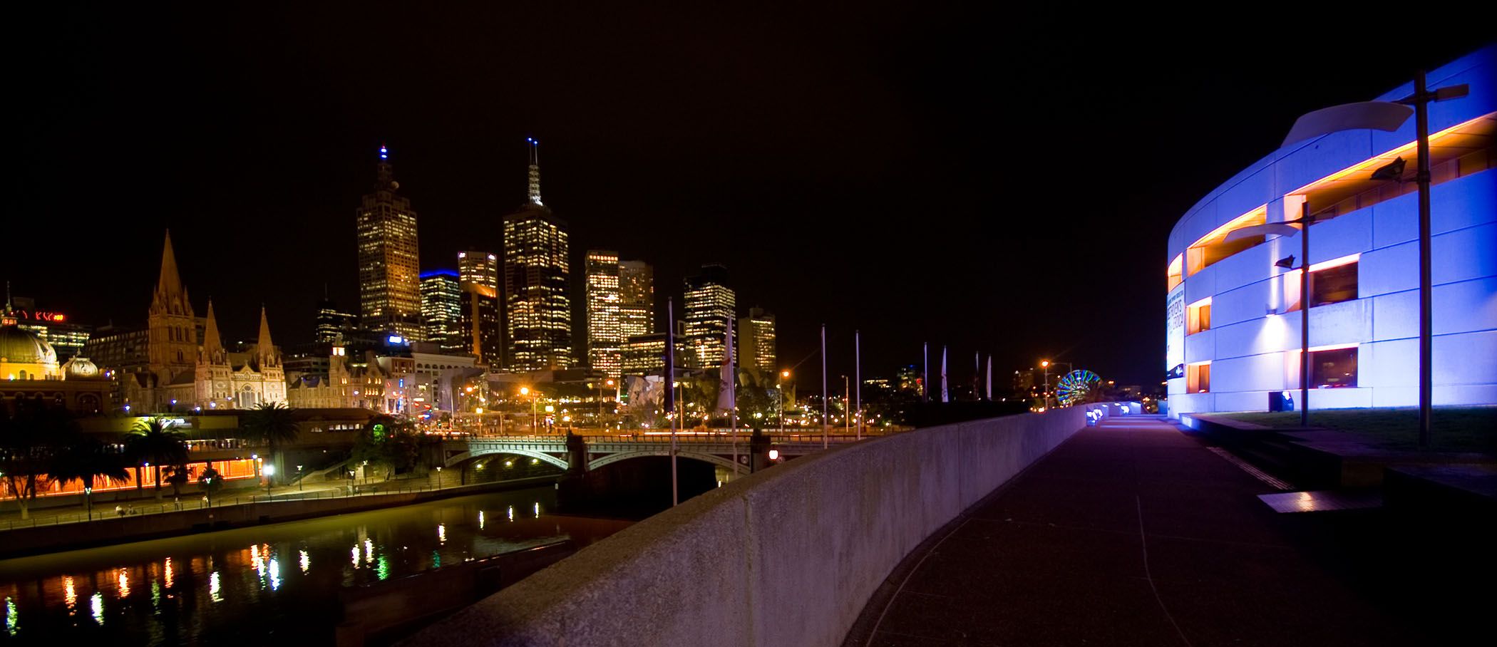 A wide-angle shot of Melbourne at night.