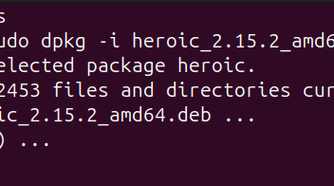Linux terminal with the installation commands of the Heroic DEB package.