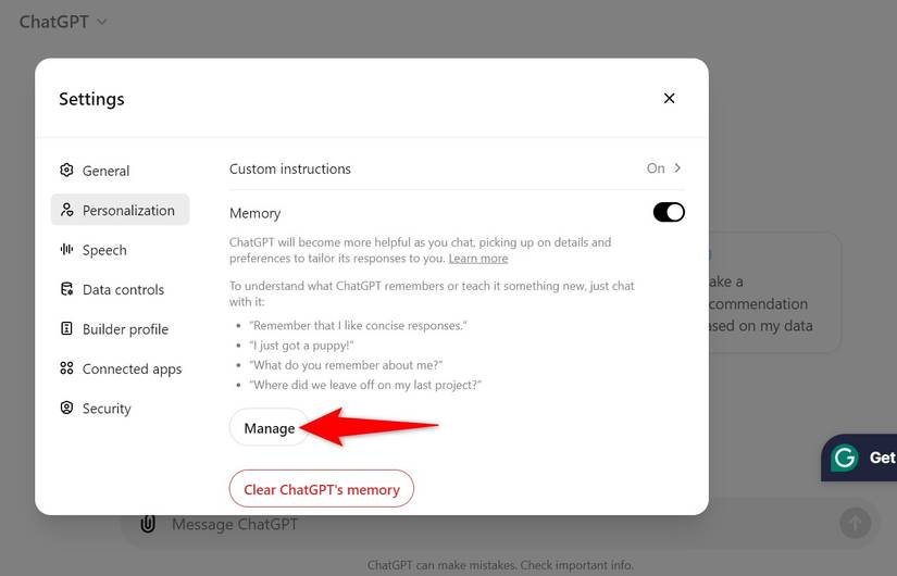 ’Manage’ highlighted in ChatGPT Memory settings. ’Manage’ highlighted in ChatGPT Memory settings.