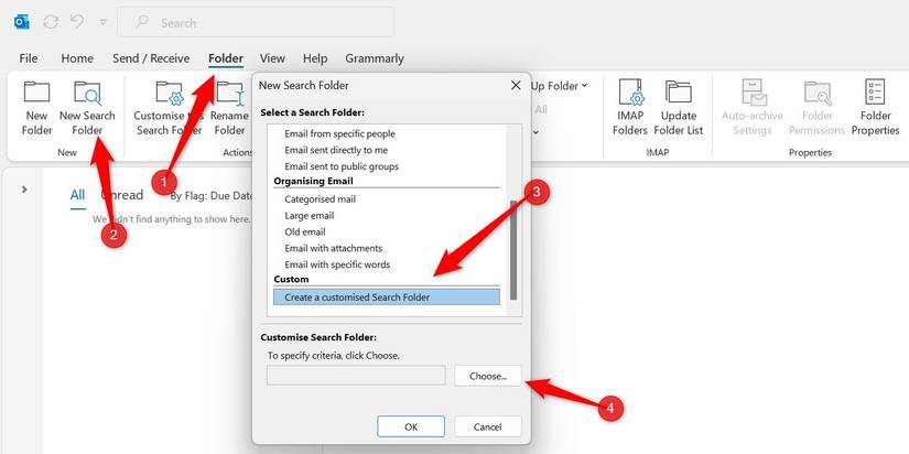 Creating a customized search folder in Outlook.