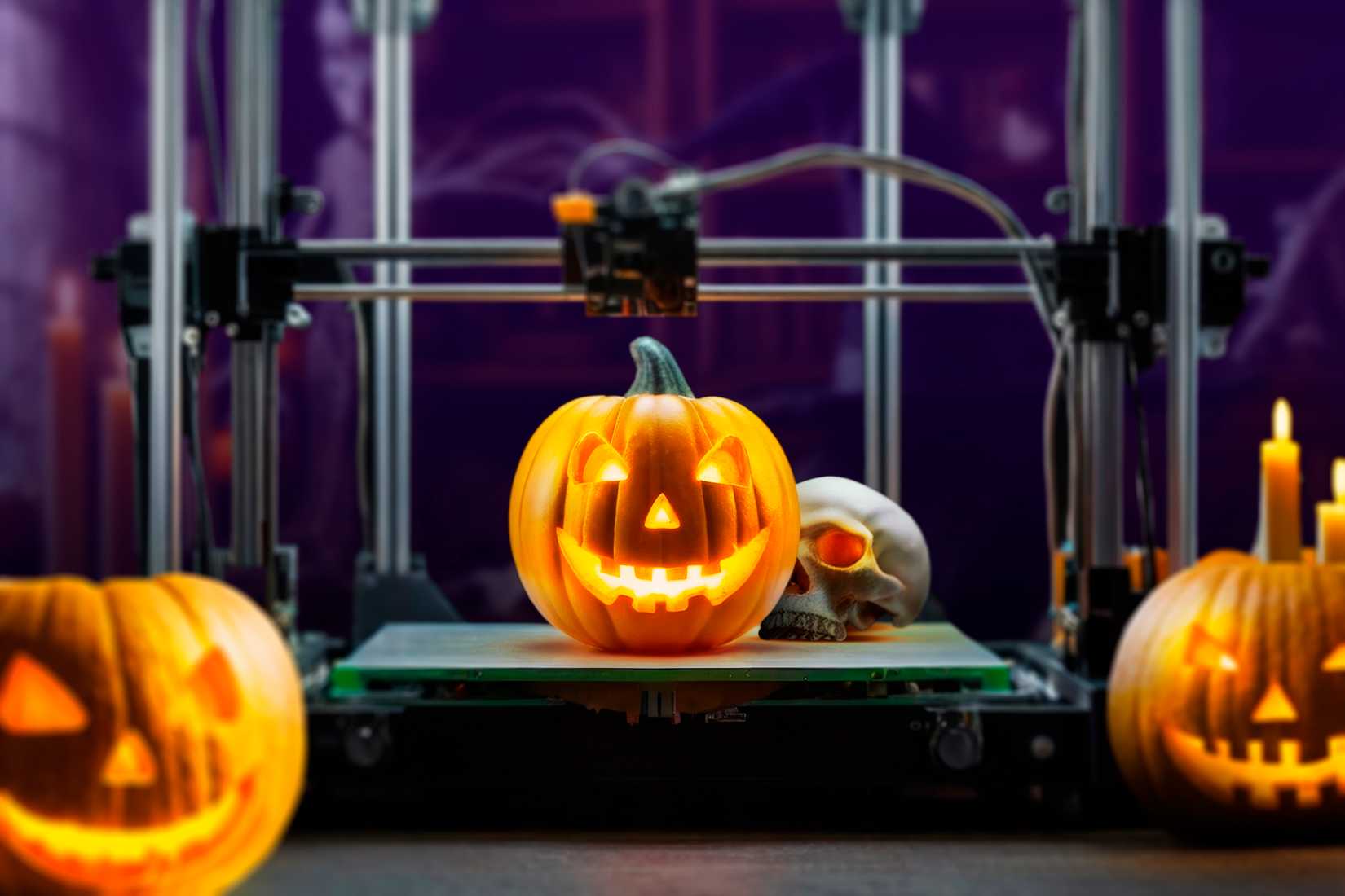 3D printer with some Halloween pumpkins.