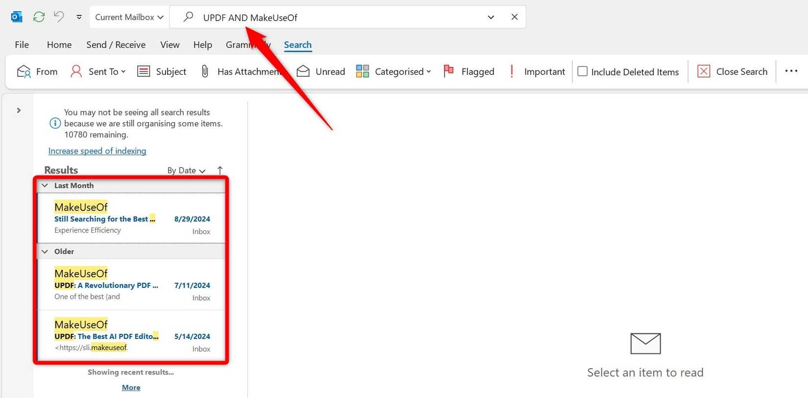 Using Boolean operator to filter emails in Outlook.