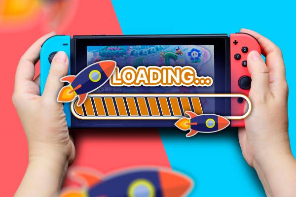 A hand holding a Nintendo Switch with a loading icon and some rockets representing speed.