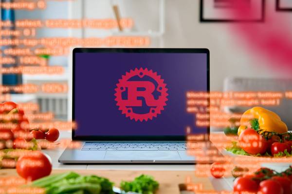 A laptop on a table with some ingredients around it and the Rust logo on the screen.