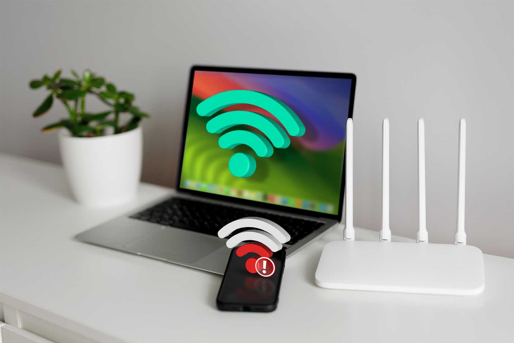 Um laptop com sinal Wi-Fi forte, um telefone com sinal Wi-Fi baixo e um roteador ao lado deles.