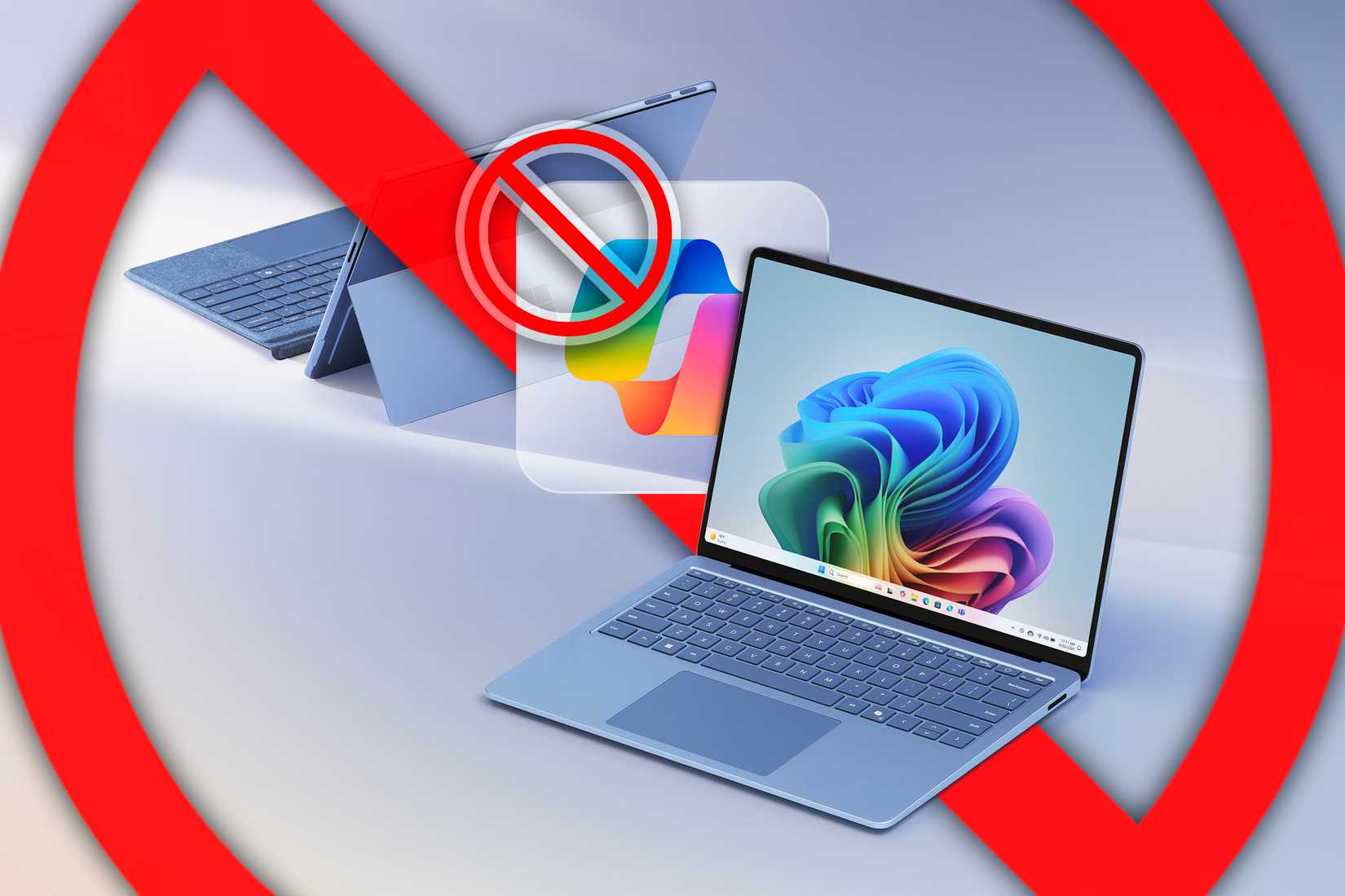 A laptop with Copilot+ and a cross on the Copilot logo.
