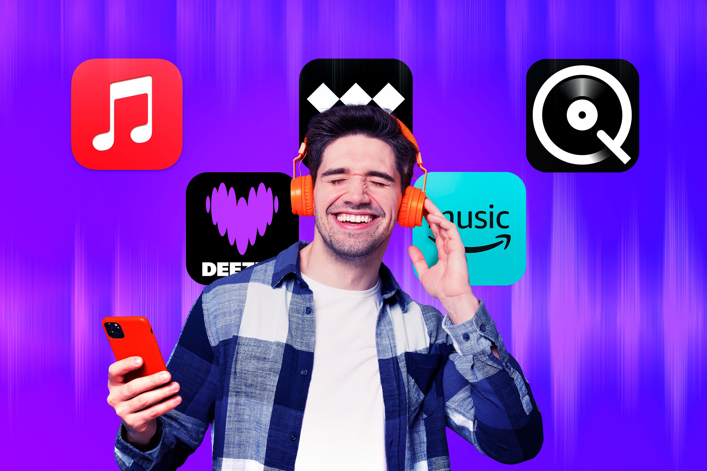 A man listening to music with headphones, and the logos of some music streaming services behind him.