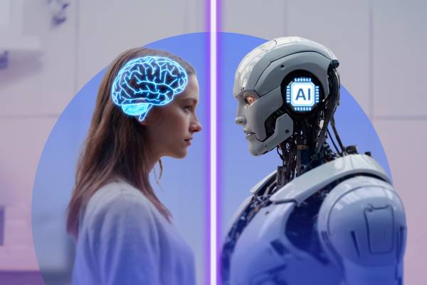 A person and a robot standing face to face, with an illustration of a brain on the person's head and an AI chip on the robot's head.