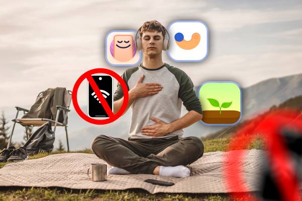 A person meditating on a mountain with some app icons around and a 'no phone' icon.