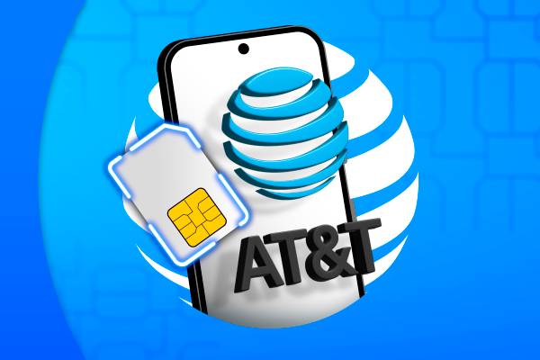 A phone with the AT&T logo in front of the screen and a SIM card next to it.