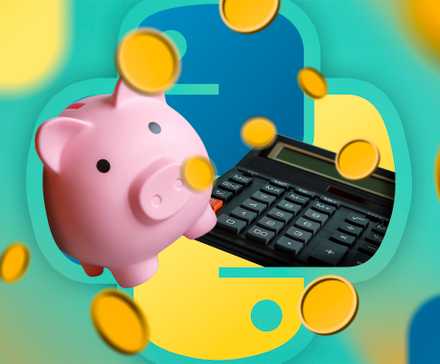 A piggy bank, a calculator, and several coins coming out from inside the Python logo.