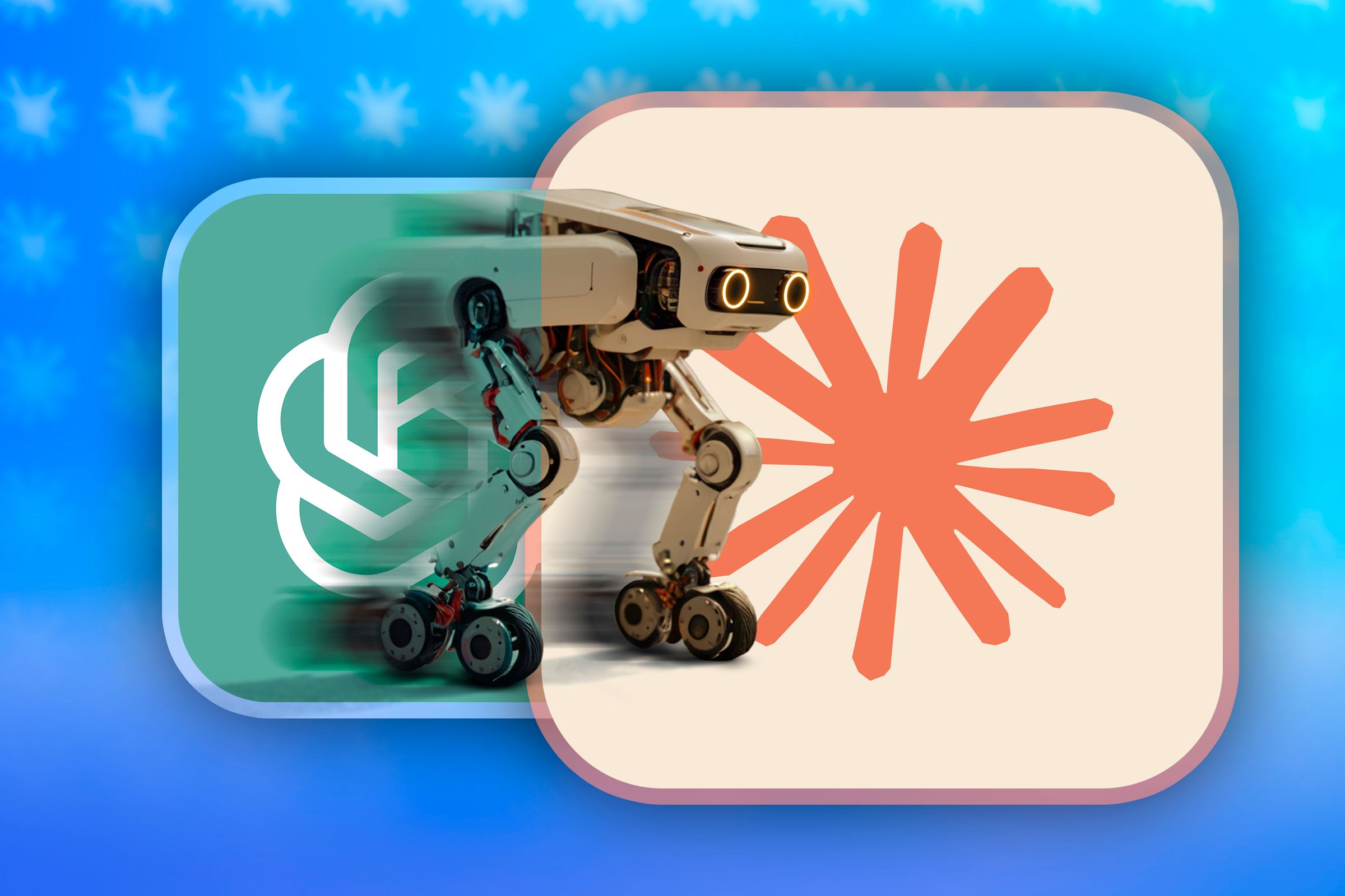 From the ChatGPT logo, the robot walks towards the Claude AI logo.