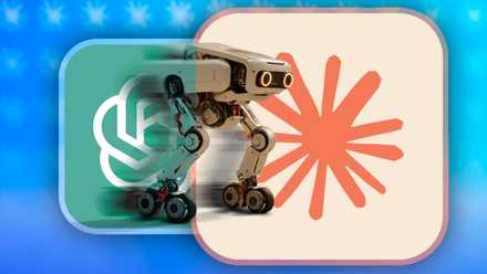 ChatGPT ロゴから出てきて、Claude AI ロゴに向かうボット。