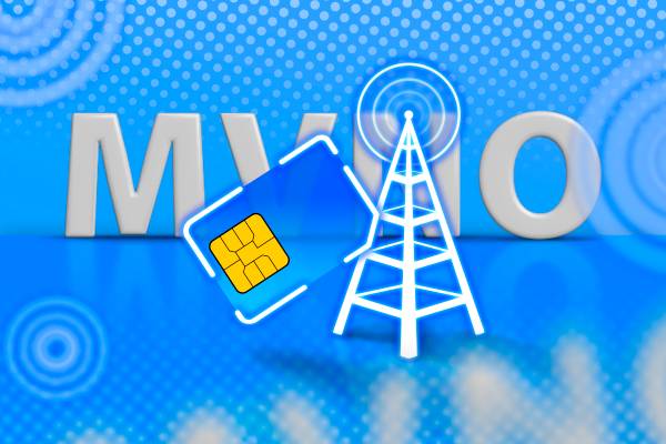 A SIM card with a cell tower next to it and the word 'MVNO' in the background.