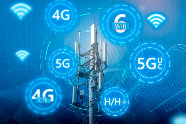 A telecommunications tower with some icons representing different types of internet connections around it.