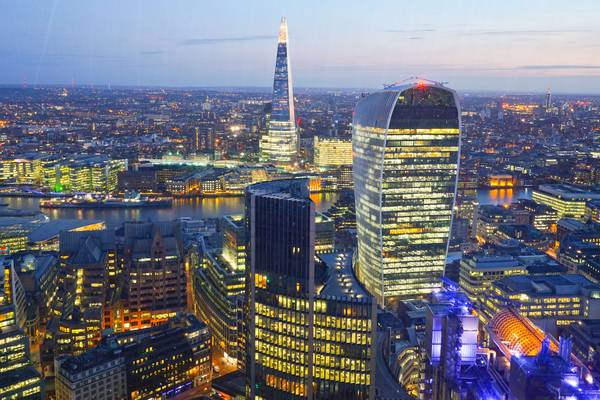 A view of London at night from the Walkie-Talkie viewing deck.