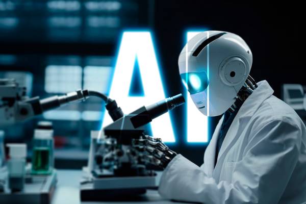 An AI scientist robot in a white lab coat looking through a microscope.