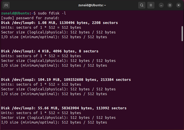 An example of all partitions listed in a Linux system.