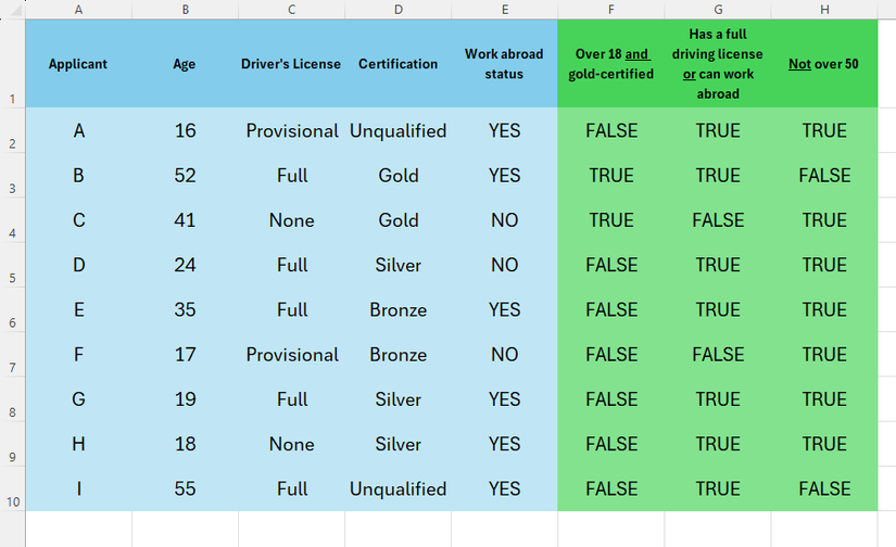 Hình 15: Bảng Excel với kết quả TRUE/FALSE từ các hàm AND, OR, NOT.