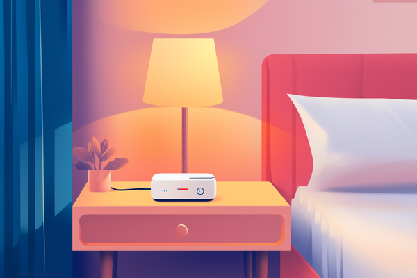 An illustration of a hotel room with a small travel router on the bedside table