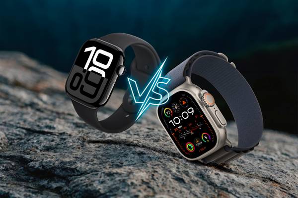 The Apple Watch Ultra 2 and Apple Watch Series 10 on a rocky surface.