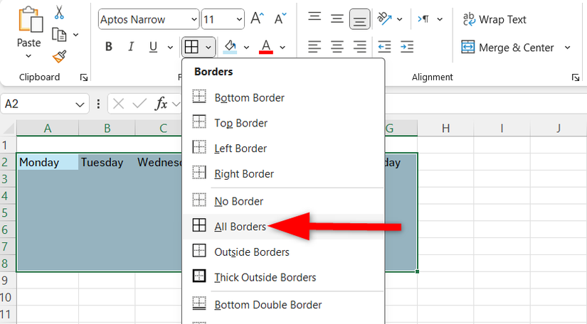 Добавление всех границ выбранным клеткам календаря.