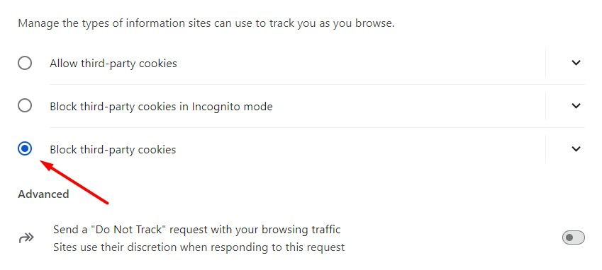 Block third-party cookies option in the Chrome browser