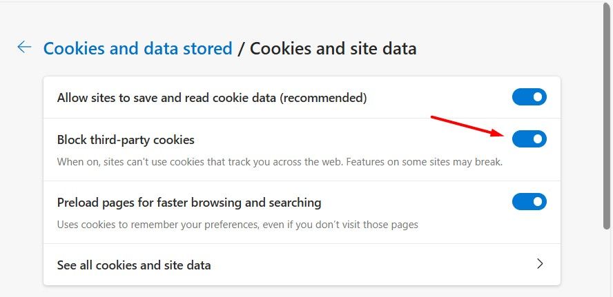 Block third-party cookies toggle in the Edge browser.