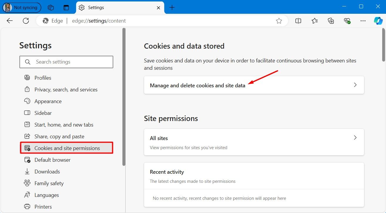 Cookies and Site permission option in the Edge browser.