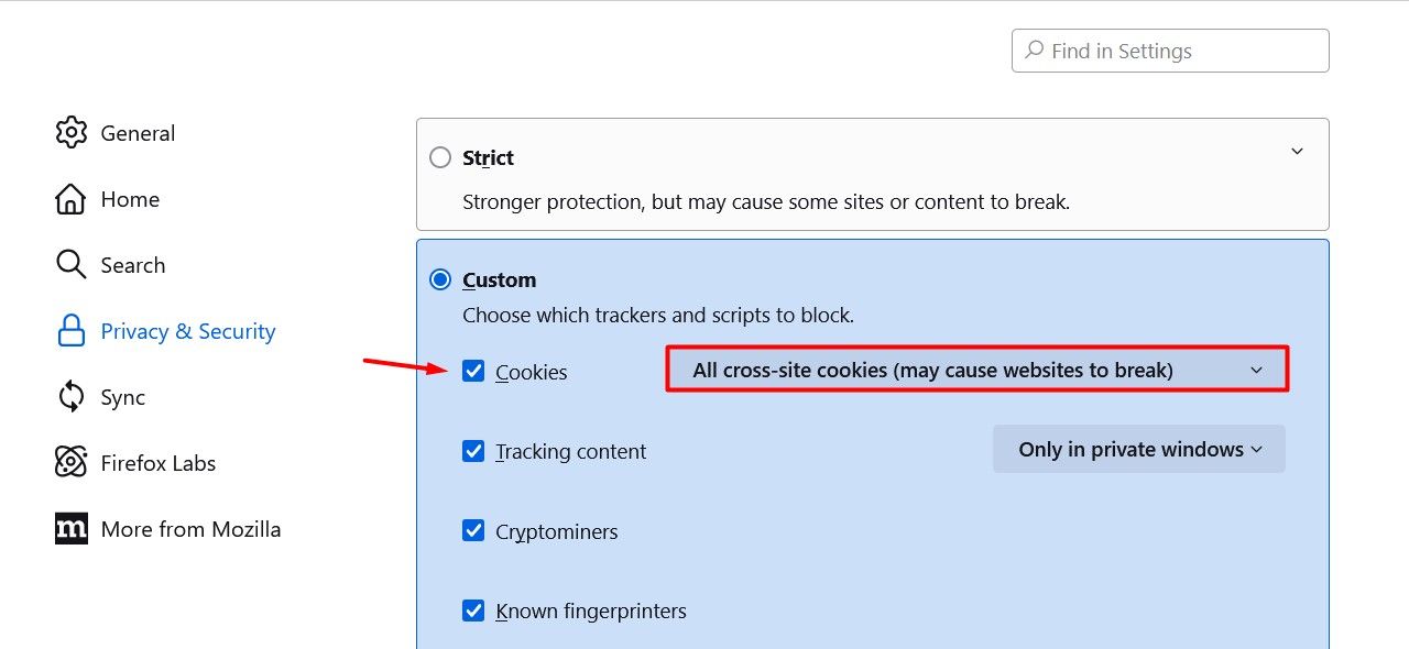 Cookies checkbox in the Firefox browser.