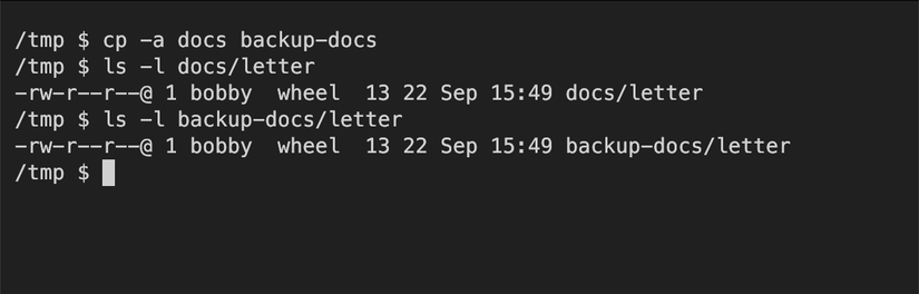 O comando cp -a que copia um diretório recursivamente no modo de arquivo, preservando os atributos do arquivo.