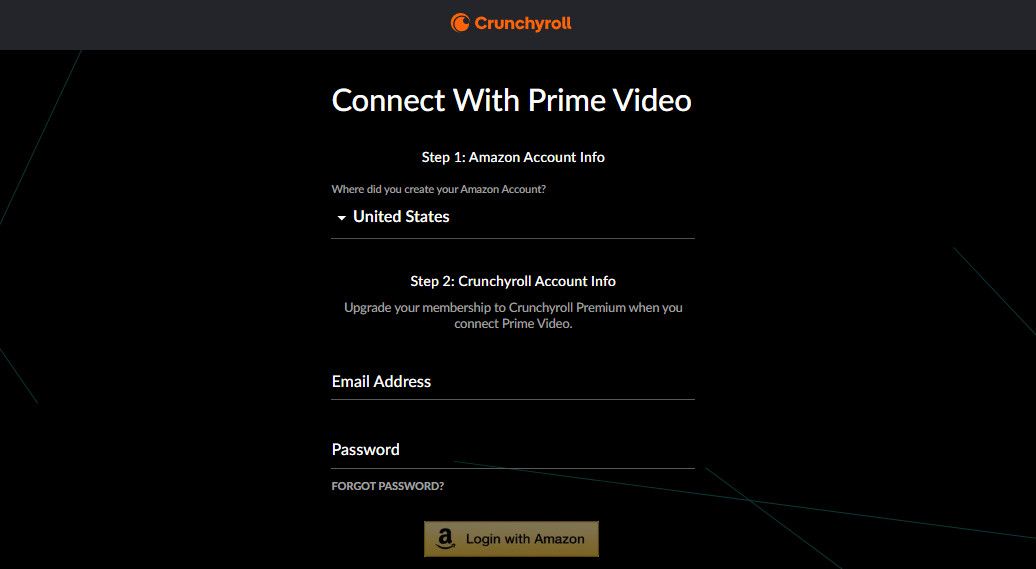 The Amazon Prime Video Login Screen on the Crunchyroll website.