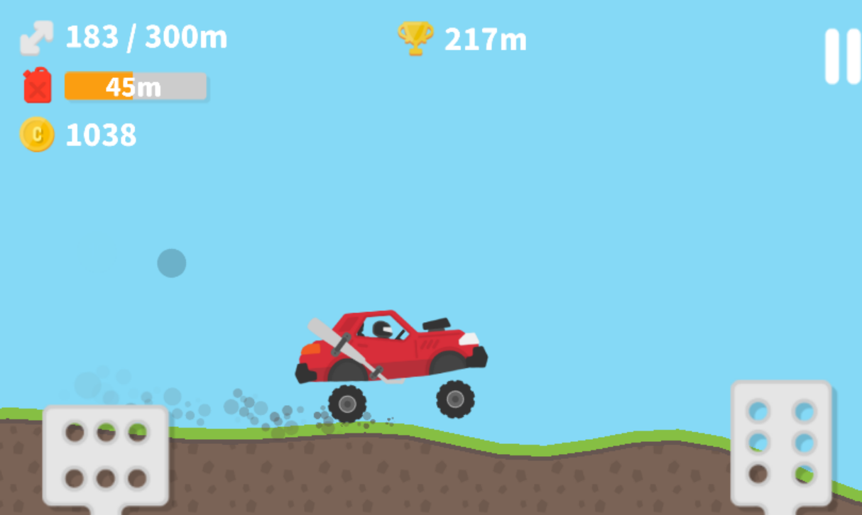 A red cartoon car driving on a bumpy hill.