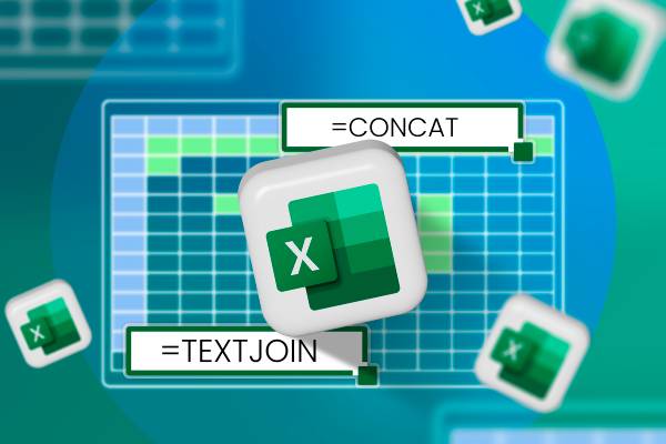 Excel logo with the formulas 'CONCAT' and 'TEXTJOIN' and an illustration of a spreadsheet in the background.