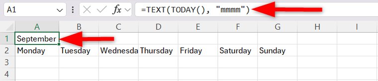 Название месяца через функцию TEXT в Excel.