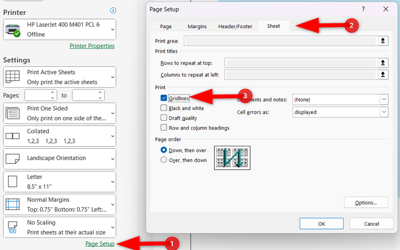 Отметить 'Сетка' на вкладке 'Лист' в окне 'Параметры страницы'.