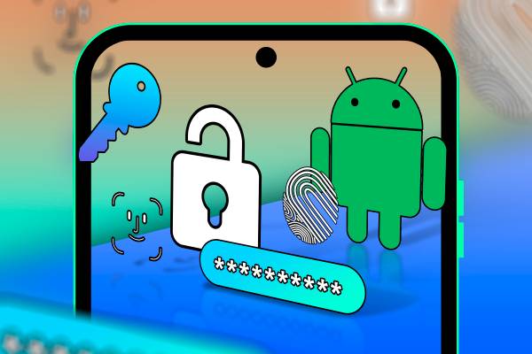 Illustration of a phone with the Android mascot surrounded by some passkey-related icons.