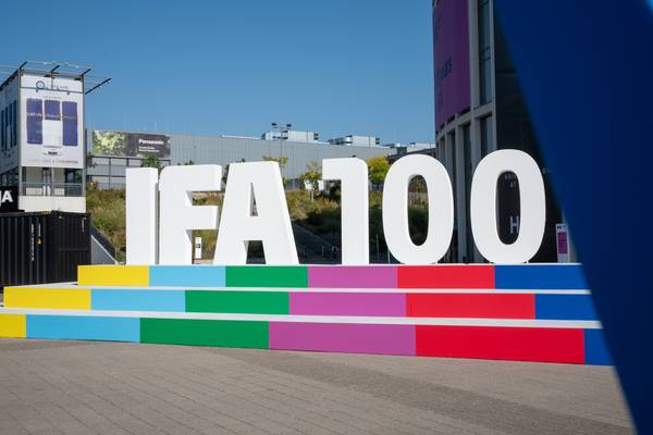 A 3D construction of the 'IFA 100' logo at the IFA 2024 event.