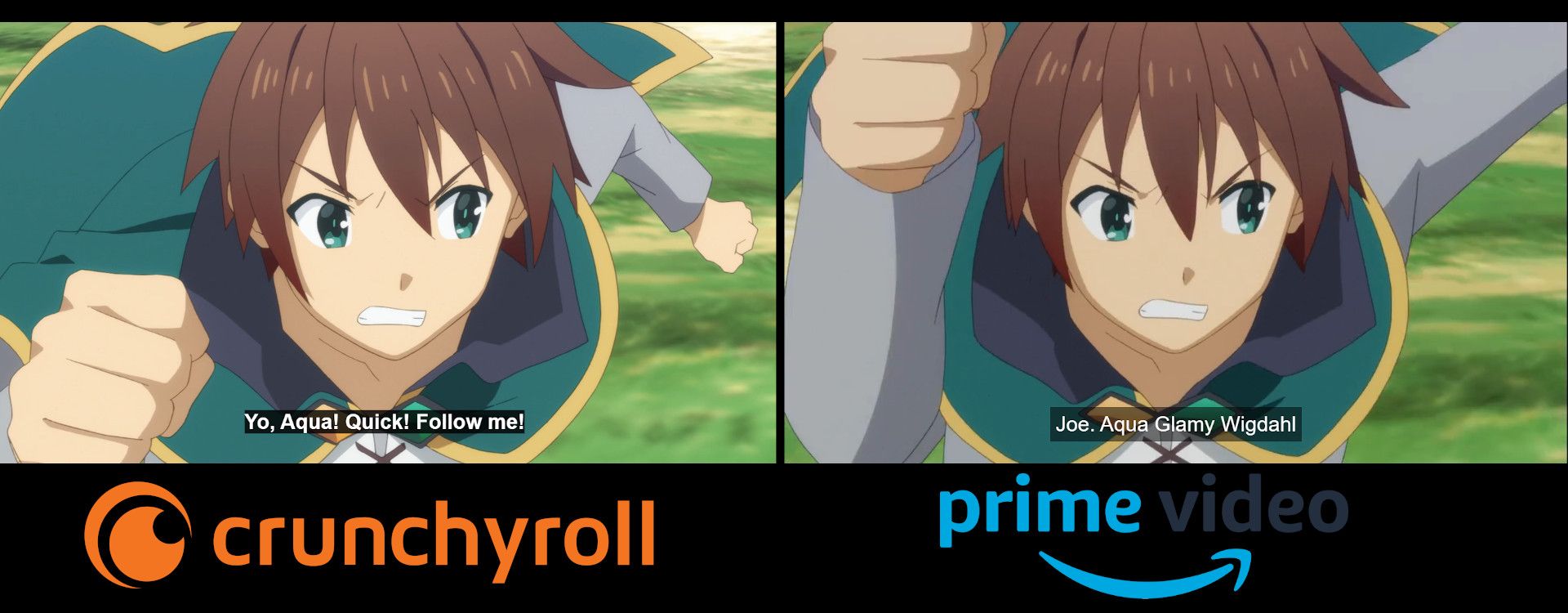 A comparison of the Prime Video and Crunchyroll subtitles for the show "Konosuba".