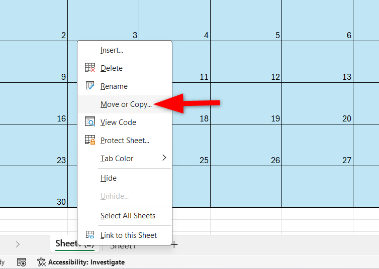 Копирование текущего листа календаря.