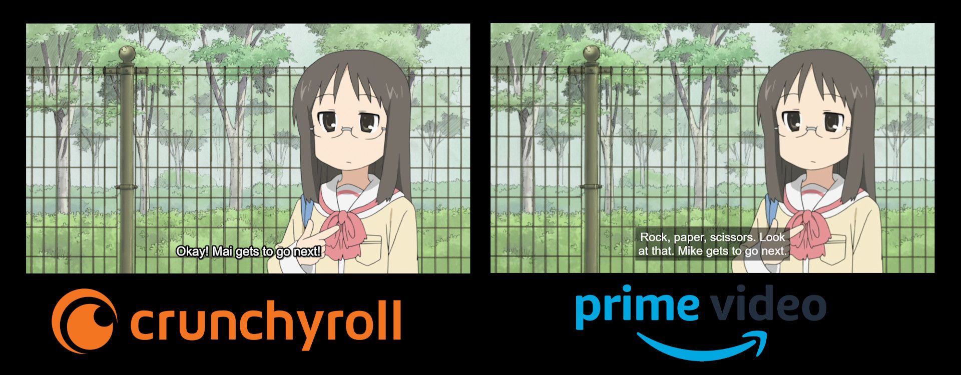 A comparison of the Prime Video and Crunchyroll subtitles for the show "Nichijou".