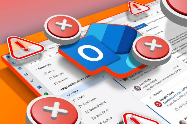 Outlook inbox with the new Outlook logo and several 'X' and alert icons.