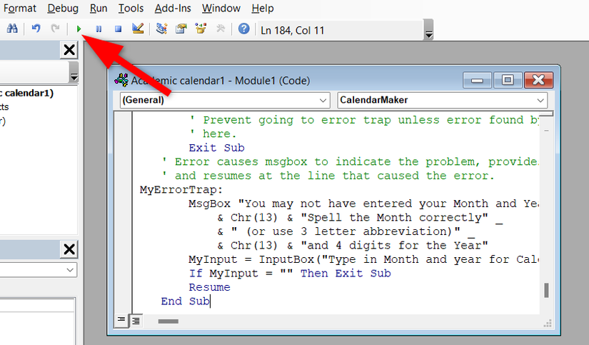 Вставка и запуск кода в редакторе VBA.