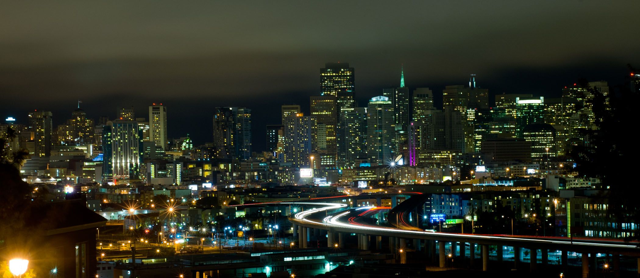 Light trails seen in a 30-second expoure of a freeway in San Francisco.