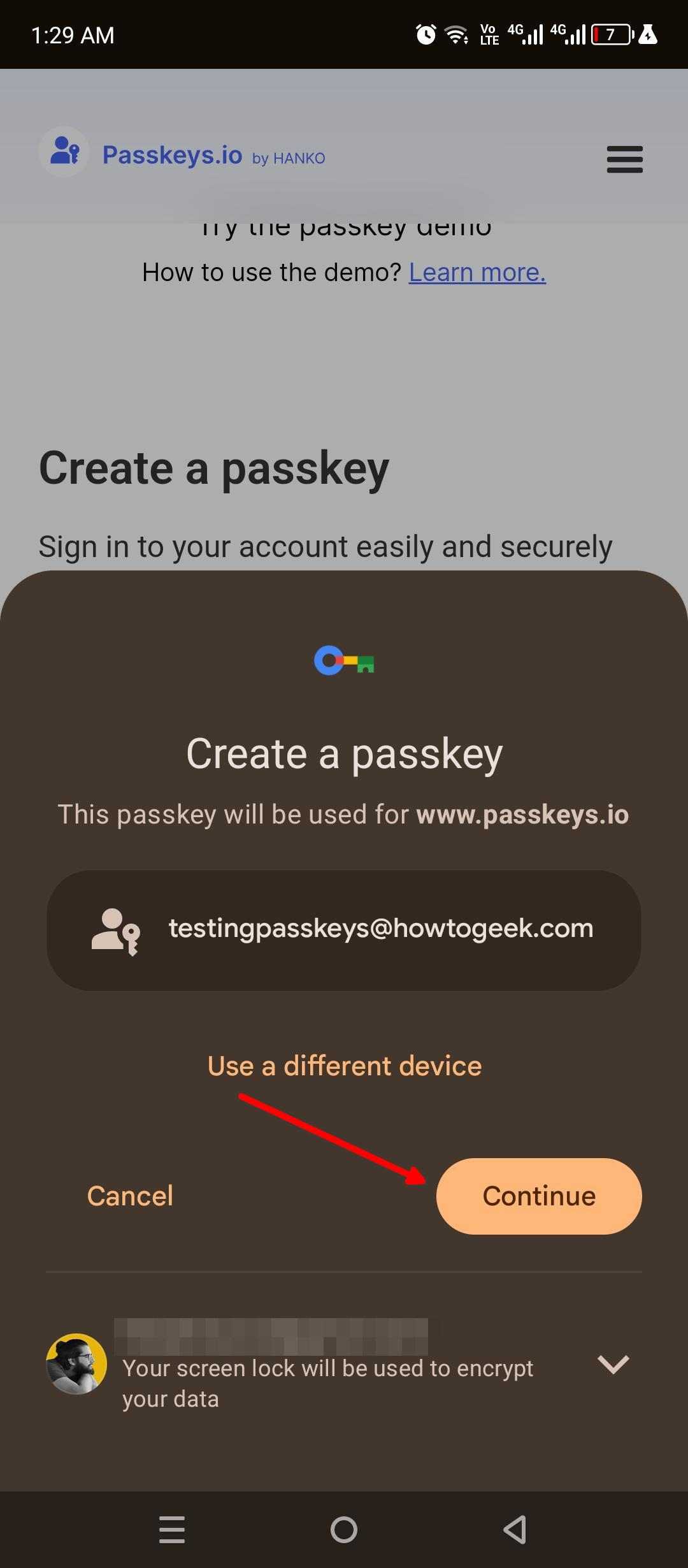 Saving the newly created passkey to the Google Password Manager.