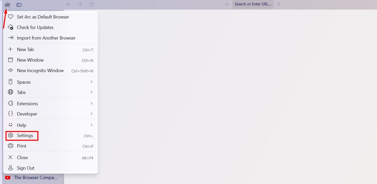Settings option in the Arc Browser.