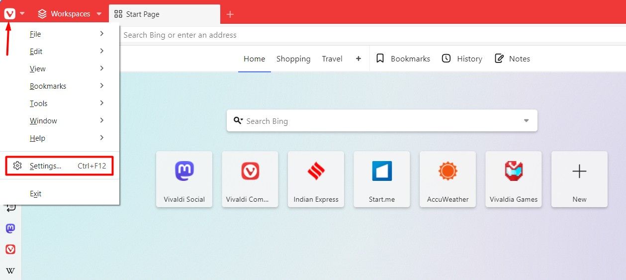 Settings option in the Vivaldi Browser.