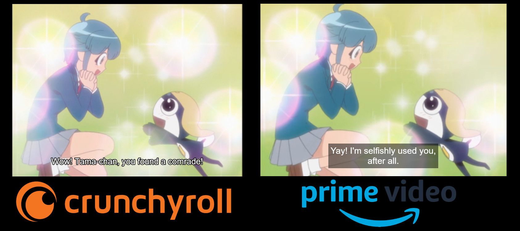 A comparison of the Prime Video and Crunchyroll subtitles for the show "Sgt. Frog".